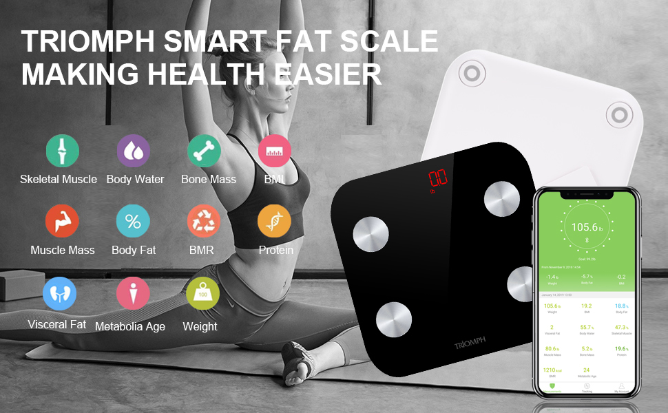 Triomph Digital Body Weight Bathroom Scale for Weighing and BMI via  Smartphone App, Upgraded High Accuracy Measurements Bathroom Scale with  Step-On Technology, …
